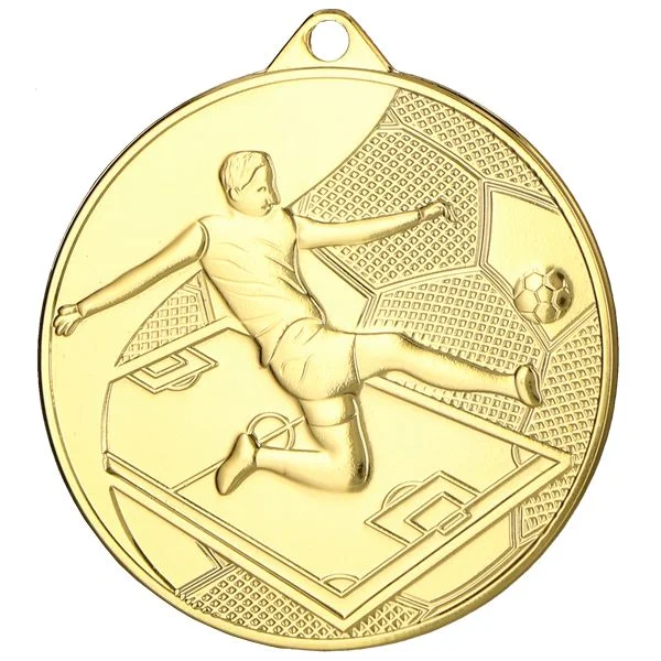 złoty medal ze strzelającym piłkarzem na awersie